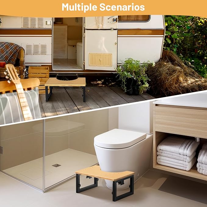 Bamboo Toilet Stool Foldable, 7 in, 8 in Or 9 in Adjustable Heights Squat Stool Potty for Adults Kids,Poop Step Stool with Extra Soft Microfiber Rug, Improve Bathroom Posture and Comfort