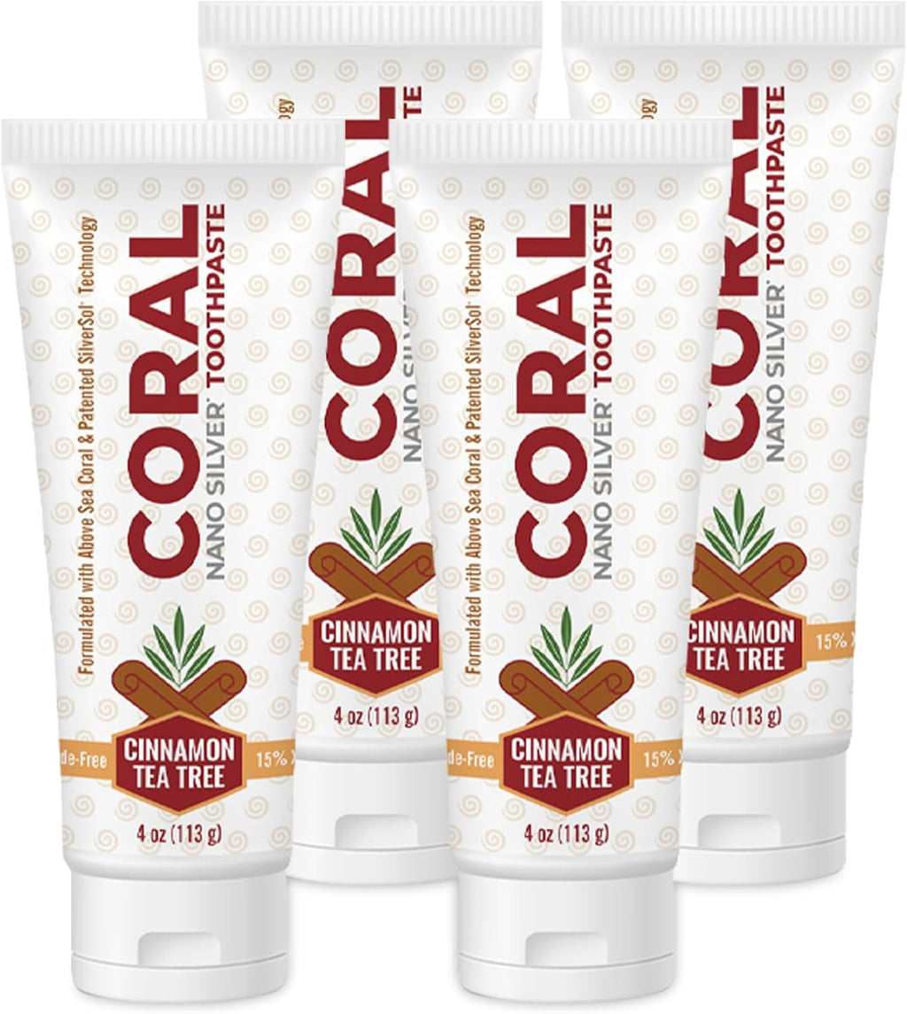 Coral Nano Silver Cinnamon Tea Tree Toothpaste, Natural Fluoride Free Teeth Whitening Toothpaste, Coral Calcium Nano Silver Infused SLS Free 4 Ounce