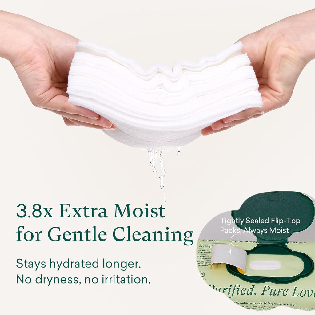 PurComfy Baby Wipes Unscented, 6 Flip-Top Packs + 6 Travel Pack 99.9% Water Wipes with Plant Based, Hypoallergenic for Sensitive Newborn Skin, Total 408 Count Wet Wipes