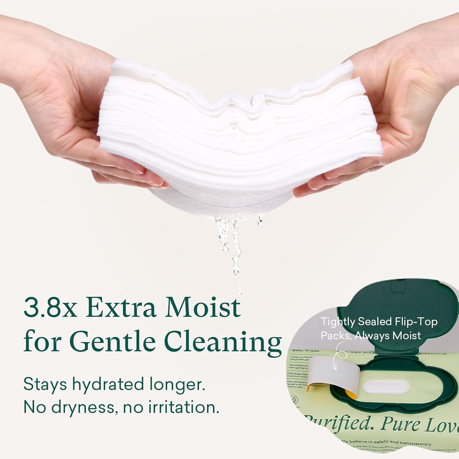 PurComfy Baby Wipes Unscented, 4 Flip-Top Packs + 4 Travel Pack 99.9% Water Wipes with Plant Based, Hypoallergenic for Sensitive Newborn Skin, Total 272 Count Wet Wipes