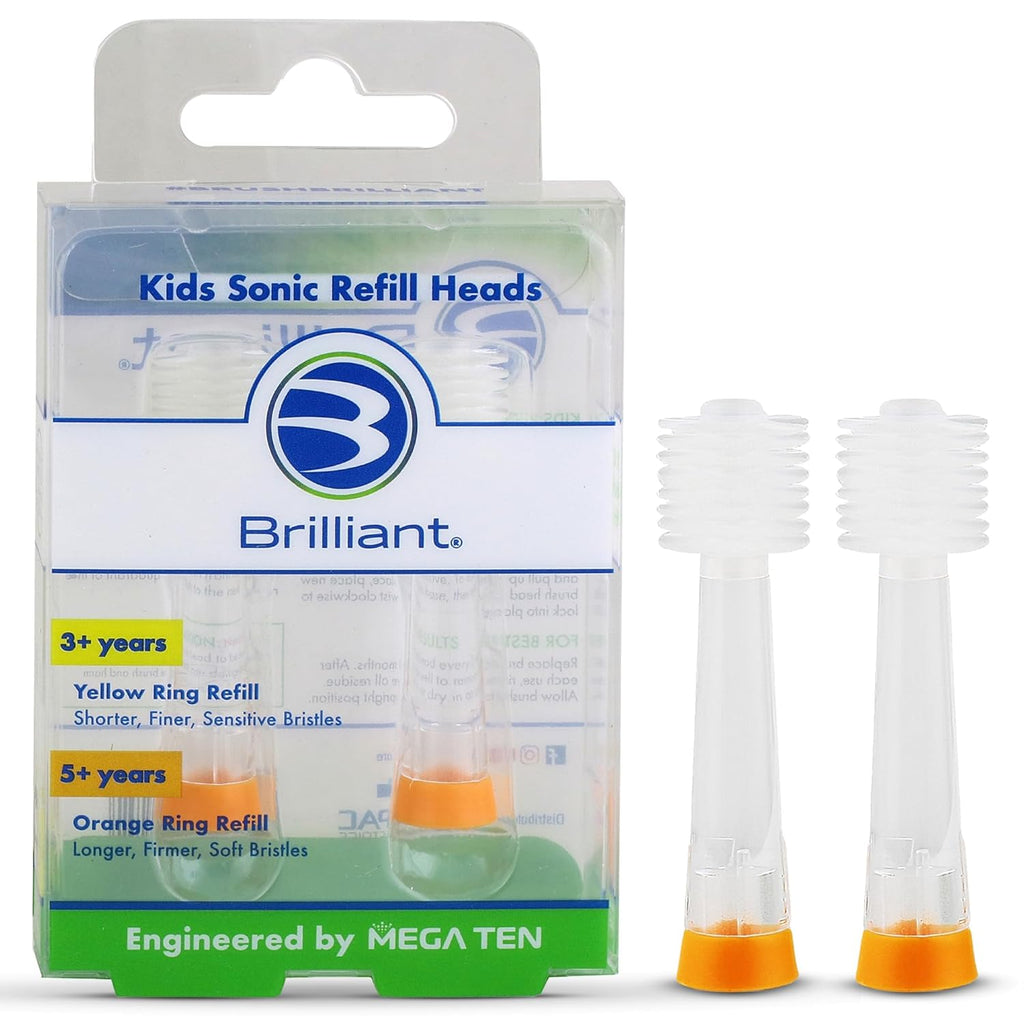 Brilliant Oral Care Kids Sonic Toothbrush Soft Replacement Heads, for Children Ages 5+, Orange, 2 Pack