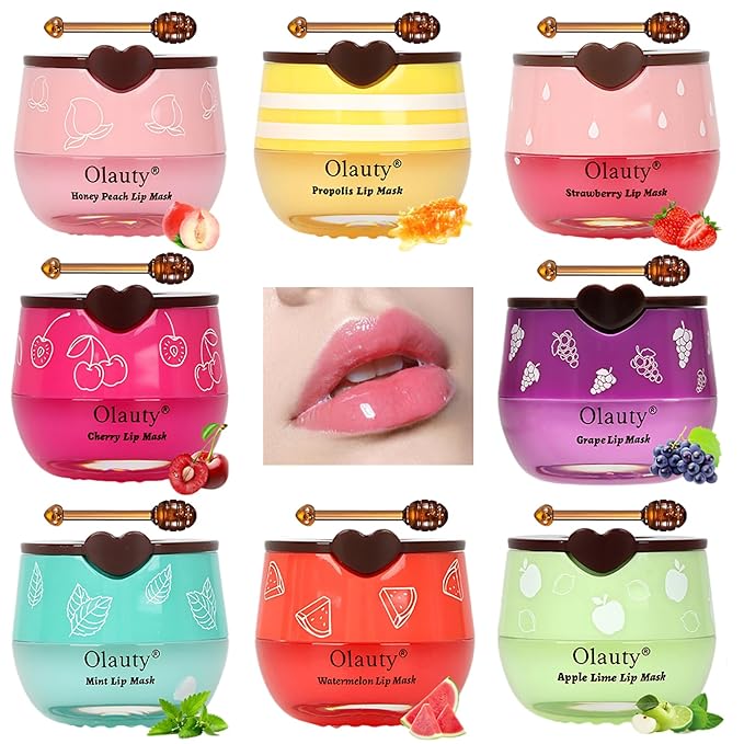8 PCS Bee Lip Balm Lip Mask Honey Pot,Honey Lip Balm Bulk,Strawberry,Watermelon,Apple Lime,Cherry,Mint, Grapes&Peach Flavors,Sleeping Mask Overnight with Stick,Hydrating Prevention Dry&Cracked