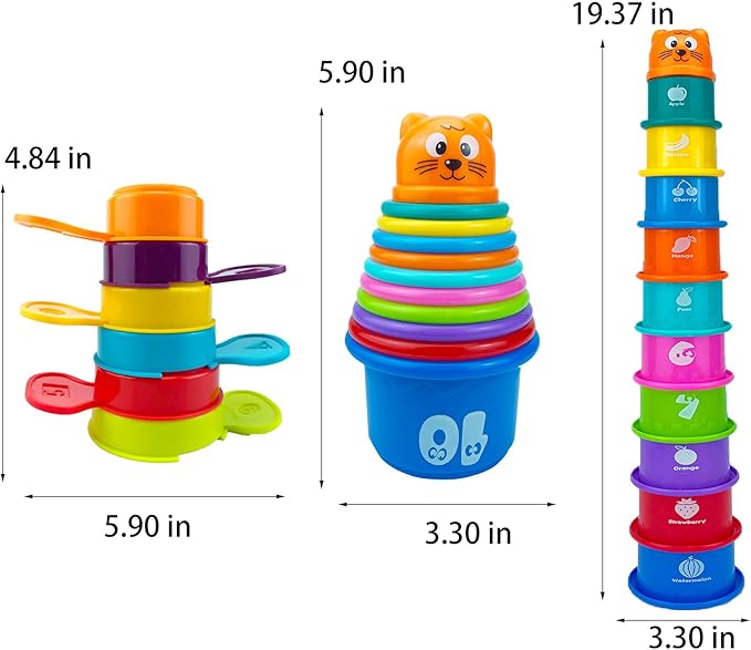 17 PCs Multicolor Nesting and Stacking Cups Set, Baby Bathtub Toys, Early Learning Educational Toys for Infants, Toddlers, Stacking Cups with The Numbers, Shapes, Fruits, Animals Patten