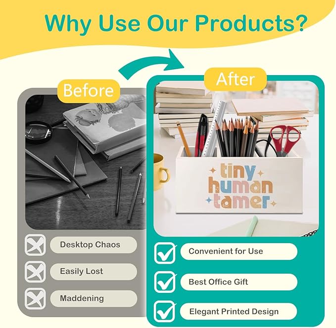 Tiny Human Tamer Gifts Wooden Pen Pencil Holder for Desk Accessories, Funny Preschool Teacher Gifts, Teacher Wood Makeup Brush Toothbrush Holder Organizer for Vanity Bathroom