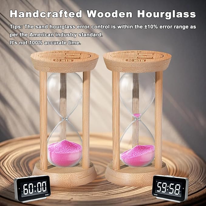 Wooden Sand Timers 2 Minute Hourglass,Stunning Glass Bamboo Mini Pink Sand Clock for Productivity, Meditation & Decor, 2 Min Small Reloj De Arena for Kitchen, Office, Toothbrush, Game, Classroom