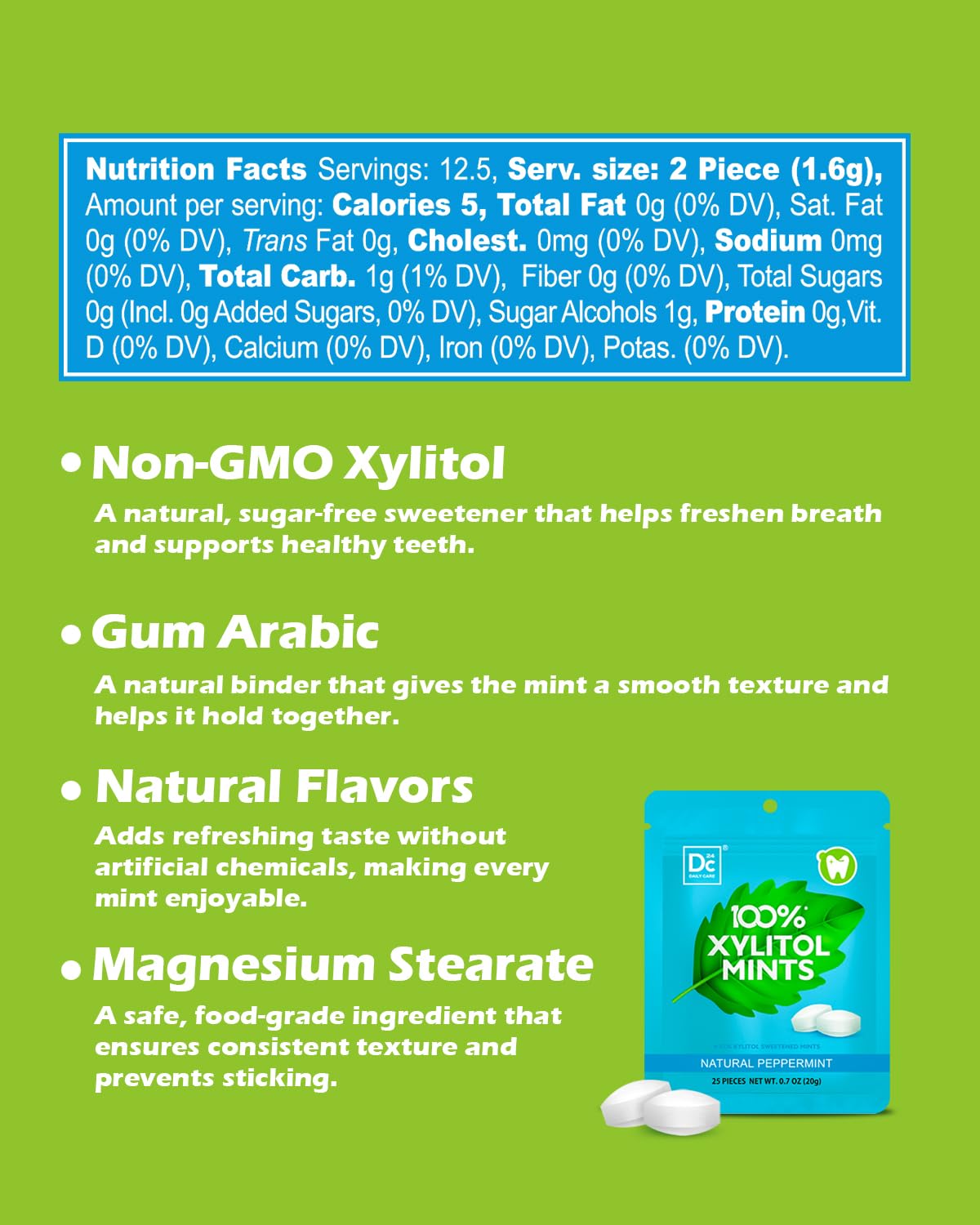 DC24 DAILY CARE 100% Xylitol Mints | Aspartame Free, Sugar Free, Vegan, Gluten Free & Keto Friendly | Natural Peppermint Flavored Mints, 25 Piece-Pack, 4 Packs