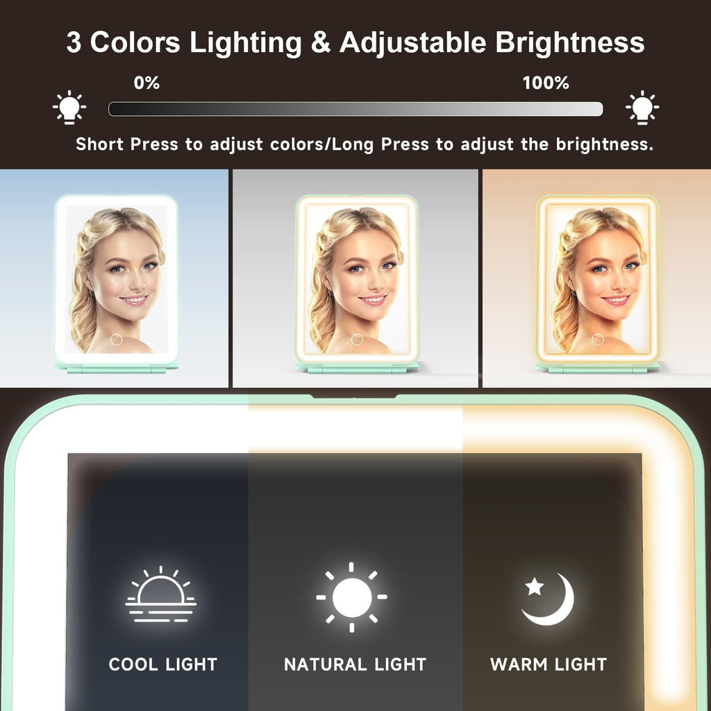 Mocado LED Foldable Travel Makeup Mirror - 5x7 inches3 Colors Light Modes USB Rechargeable Touch Screen, Portable Tabletop Cosmetic Mirror for Travel, Cosmetic, Office (Green)
