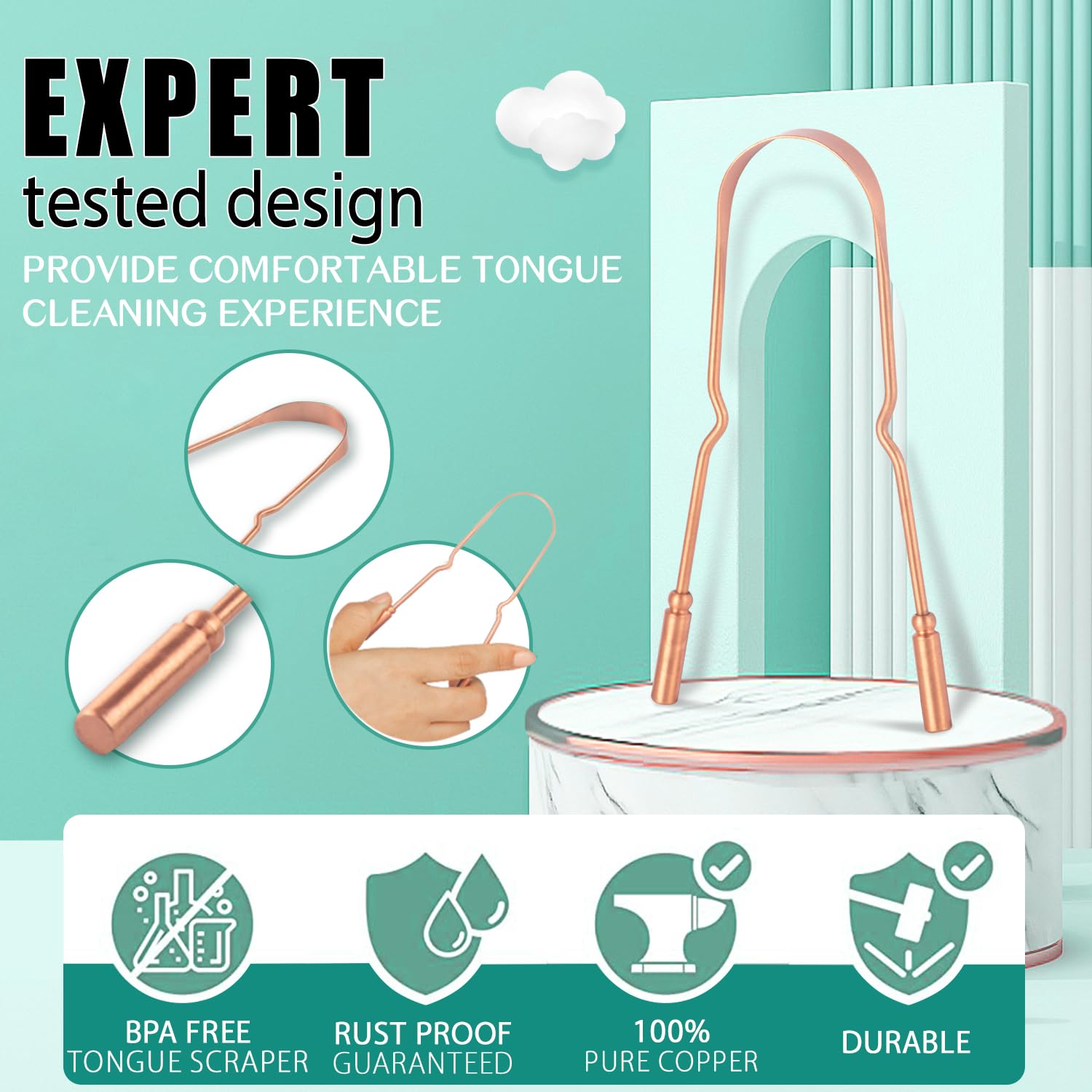 RONAVO Copper Tongue Scraper for Adults (2 Pack), 100% Pure Copper, Naturally Anti-Microbial, Banishes Bad Breath and Maintains Oral Hygiene, Tongue Cleaner with Travel Case, Easy to Use and Clean