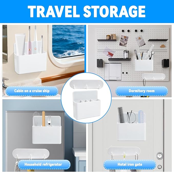 Magnetic Toothbrush Holder with Hook Rack for Cruise Ships, White Wall Mounted Detachable Grid Toothbrush Organizer with Magnetic Hooks, Cruise Bathroom Essentials Travel Accessories