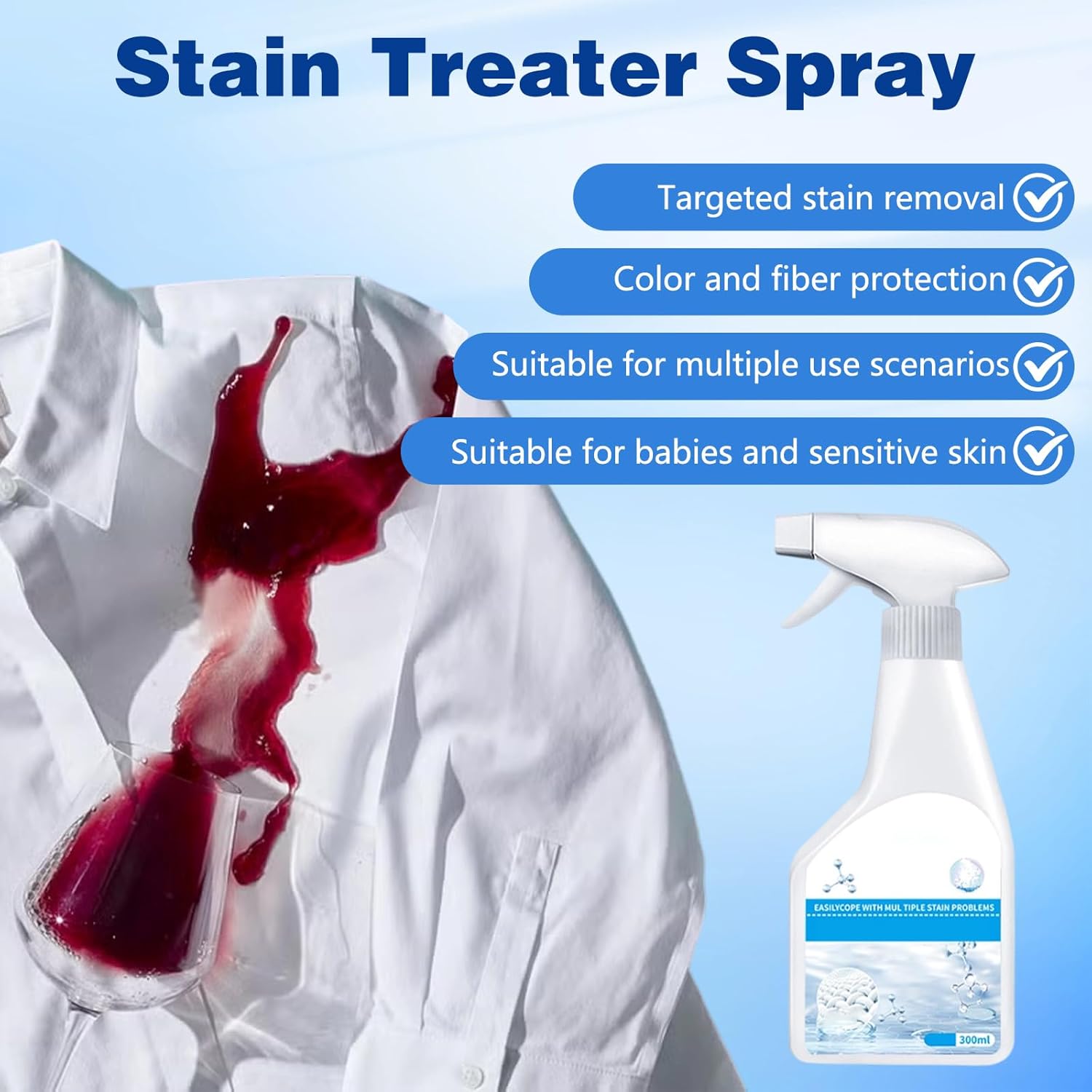 Wondolla Stain Remover, Stain Treater Spray, White Shirt Guardian Dry Clean Spray, Clothes Oil Laundry Cleaning Remover, Strong Decontamination for Grease/Oil/Food on Clothes and Shoes (1PC,300ML)