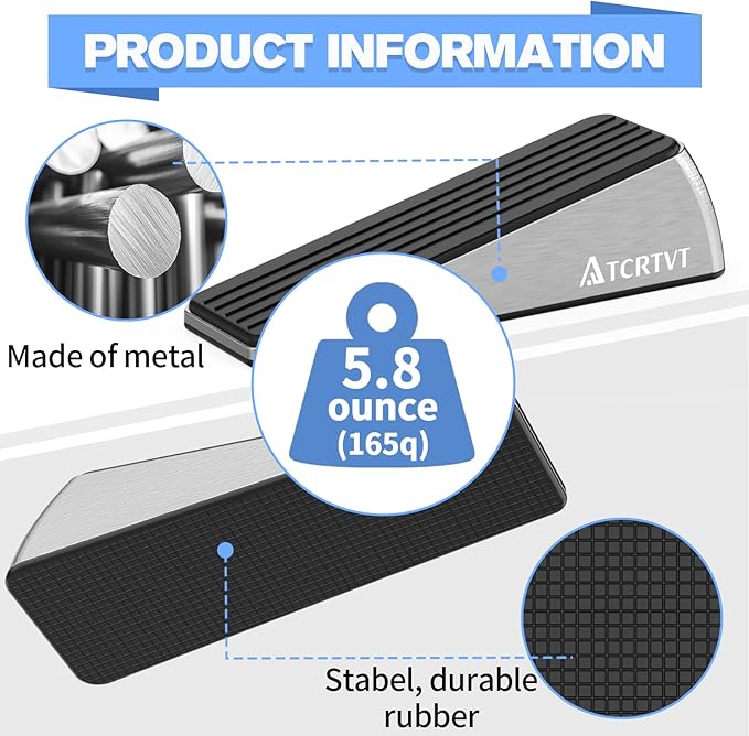 Heavy Duty Door Stopper Wedge 2 Pack Small Size Door Stop Wedge Made of Premium Quality Brushed Stainless Steel Suits Any Door, Any Floor with Self-Adhesive Holder Matt Chrome Small