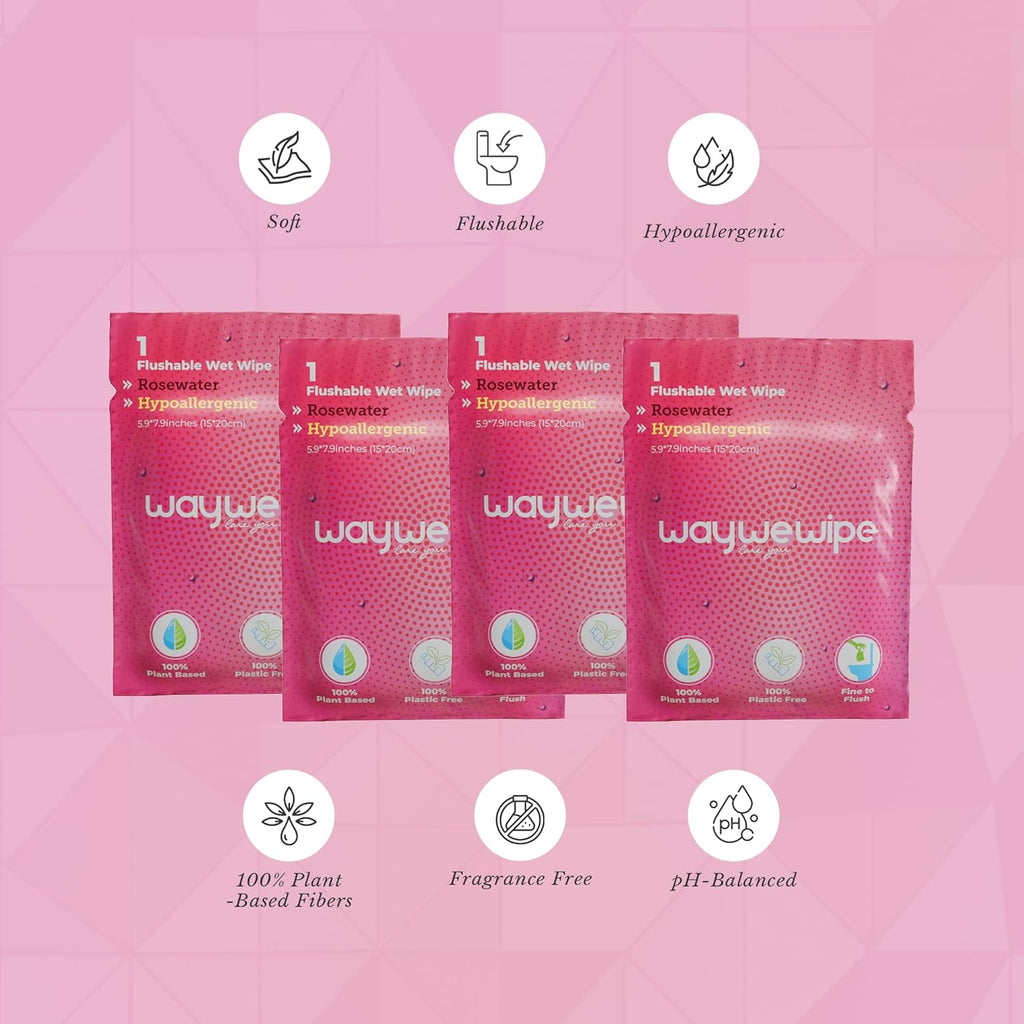 On-The-Go Flushable Feminine Wet Wipes, 32 Count XL Individually Wrapped Female Wipes, Hypoallergenic 100% Plant Based Septic Safe, Travel Size Adult Cleansing Cloth for Women, Rosewater