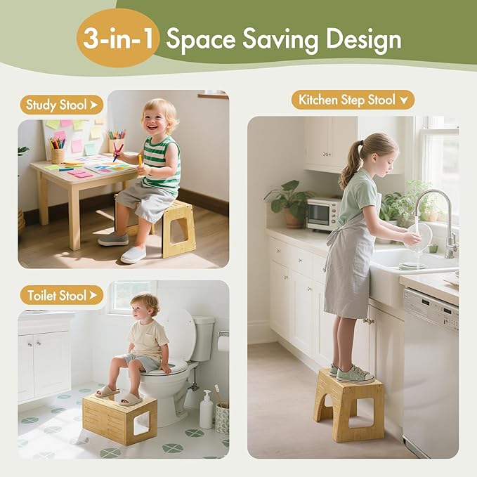 AmazerBath Toilet Stool for Toddler Potty Training, 3-in-1 Sturdy Bamboo One Step Squat Poop Foot Stool, Non-Slip Baby & Kids Potty Step Stool for Bathroom Sink, Kitchen Counter, Bedroom, Closet, 9"
