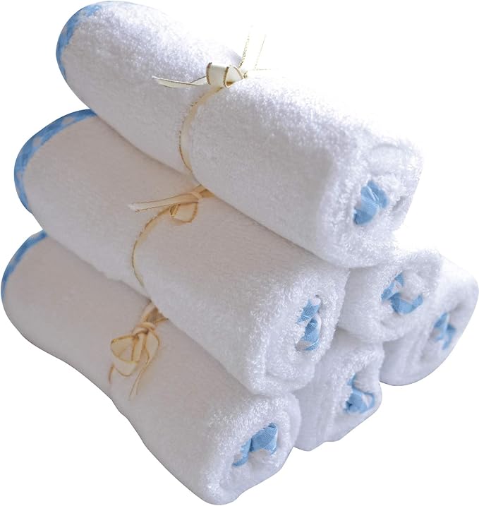 Channing & Yates - Premium Baby Washcloths - (6-Pack) Viscose Made from Bamboo Organic Baby Wash Cloths - Thick & Soft - Great for Eczema - Adult Face Washcloths (Blue on White)