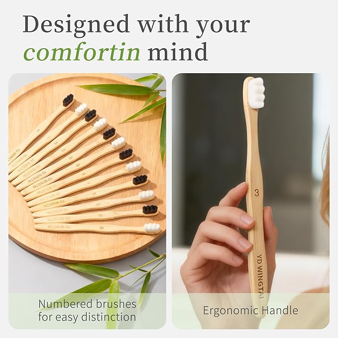 Bamboo Toothbrush BPA-Free Bristles Biodegradable Handle Ergonomic Design 12 Pack Natural Wooden Oral Care Set for Adults