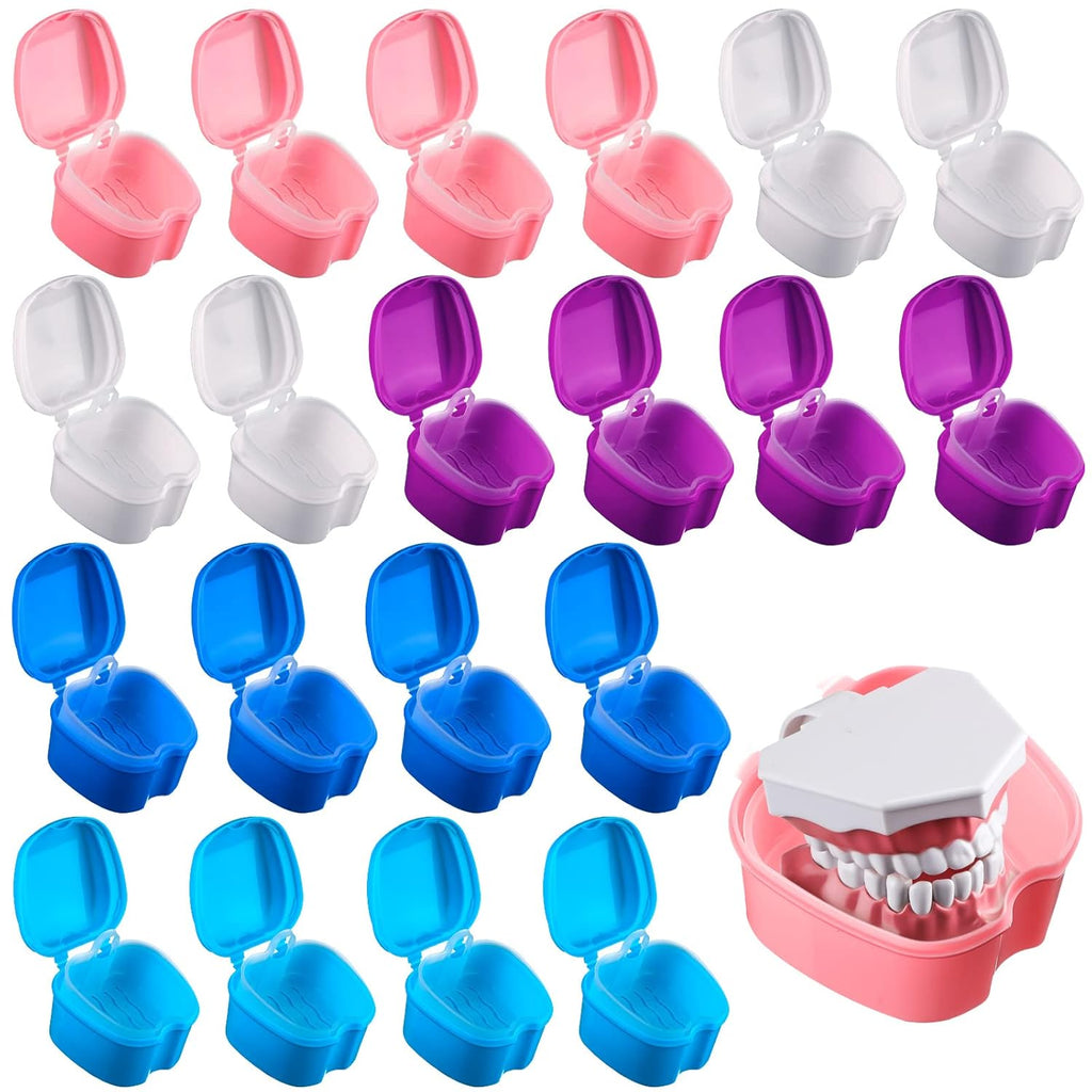 Zubebe 20 Pcs Denture Bath Retainer Case Holder Bulk with Strainer Basket Dental Cup Denture Soaking Container False Teeth Storage Box for Travel Cleaning Brace Mouth Guard, 5 Colors