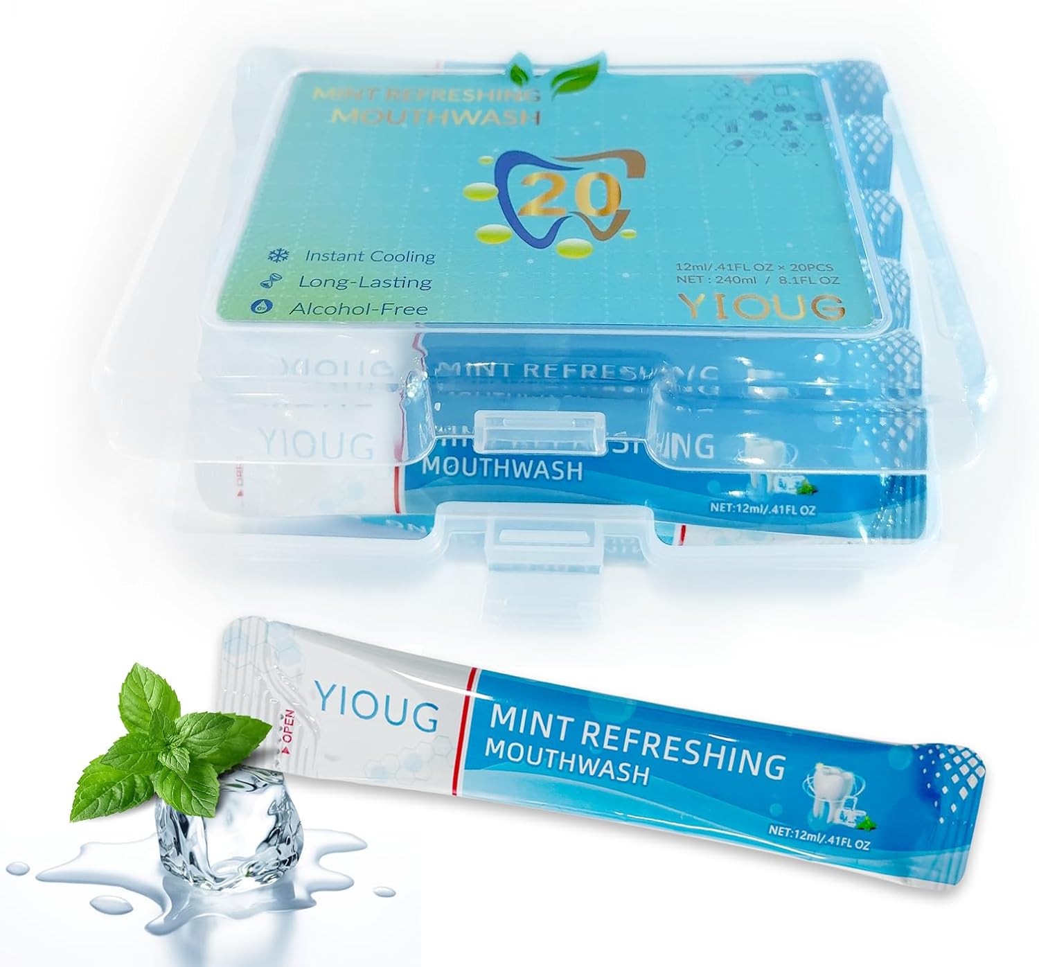 Portable Travel Mouthwash Packets – 20 Count Mint Oral Rinse Strips in Reusable Box, Alcohol-Free Single-Use Mouth Freshener for On-The-Go, Office, Airplane & Road Trips