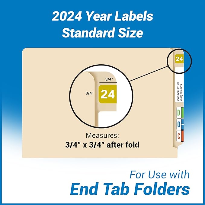 2024 Year Labels, Doctor Stuff 2024 Chart Stickers, Gold Color Coded, Tabbies 70200 Style, USA Made Year Stickers for End Tab File Folders, 500/Roll, 1 Roll, 3/4" x 1-1/2"