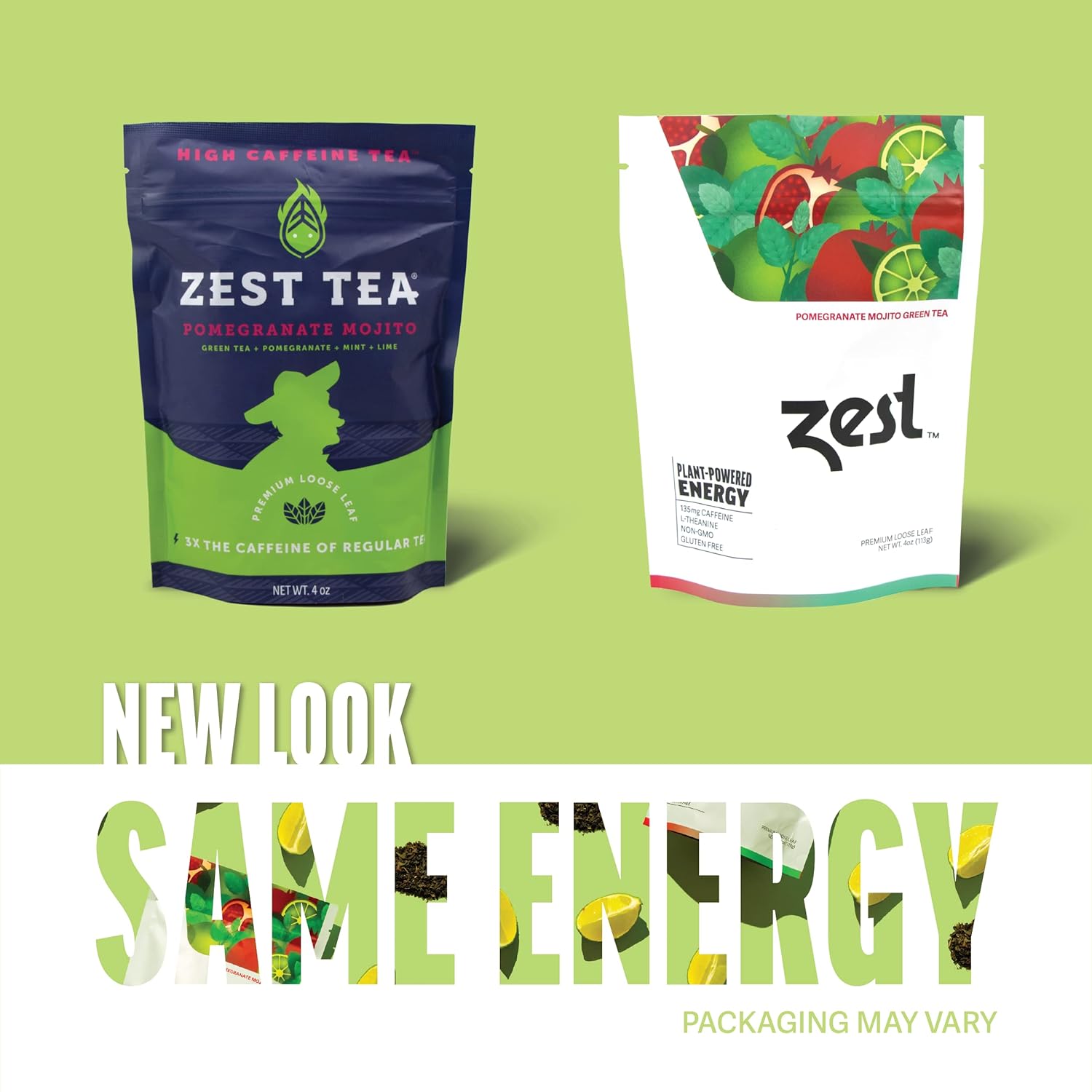 Zest Energy Green Tea - Pomegranate Mojito Loose Leaf Blend - High Caffeine Peppermint - Caffeinated Coffee Substitute - Natural, Non-GMO & Keto Friendly - Hot or Iced - 50 Servings - 135mg Caf