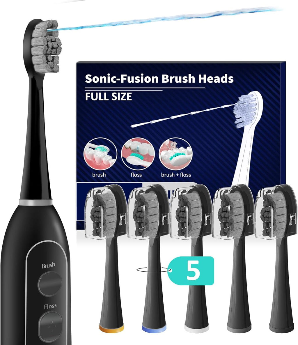 Replacement Heads for Water pik Sonic Fusion 2.0, Extra-Large Size Flossing Toothbrush Head fit for Water pik SF-01 SF-02 SF-03 SF-04 (Black, 5 Count)