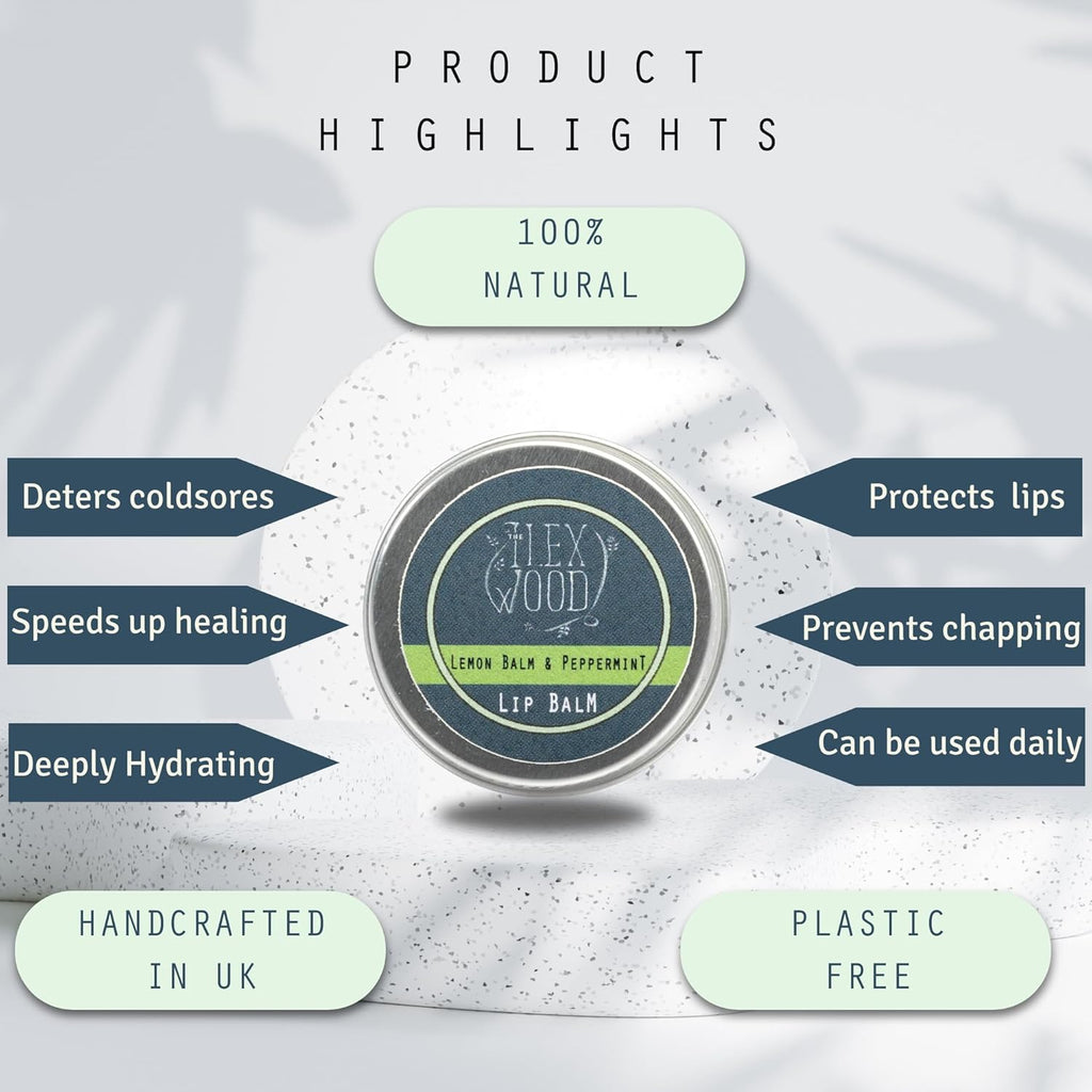 The Ilex Wood - Vegan All Natural Lip Balm - Lemon Balm and Peppermint - Cold Sore Treatment for Lips, Palm Oil Free, Cruelty Free, Plastic Free, Moisturising Lip Balm, Handcrafted - 10ml (0.34 fl oz)