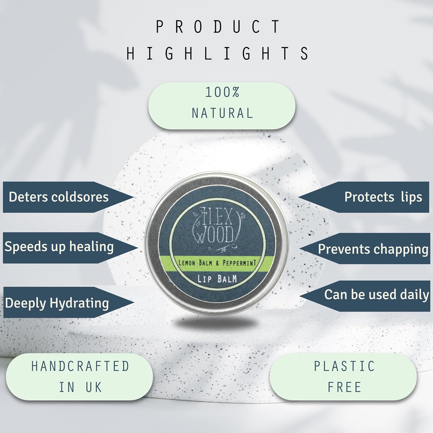 The Ilex Wood - Vegan All Natural Lip Balm - Lemon Balm and Peppermint - Cold Sore Treatment for Lips, Palm Oil Free, Cruelty Free, Plastic Free, Moisturising Lip Balm, Handcrafted - 10ml (0.34 fl oz)