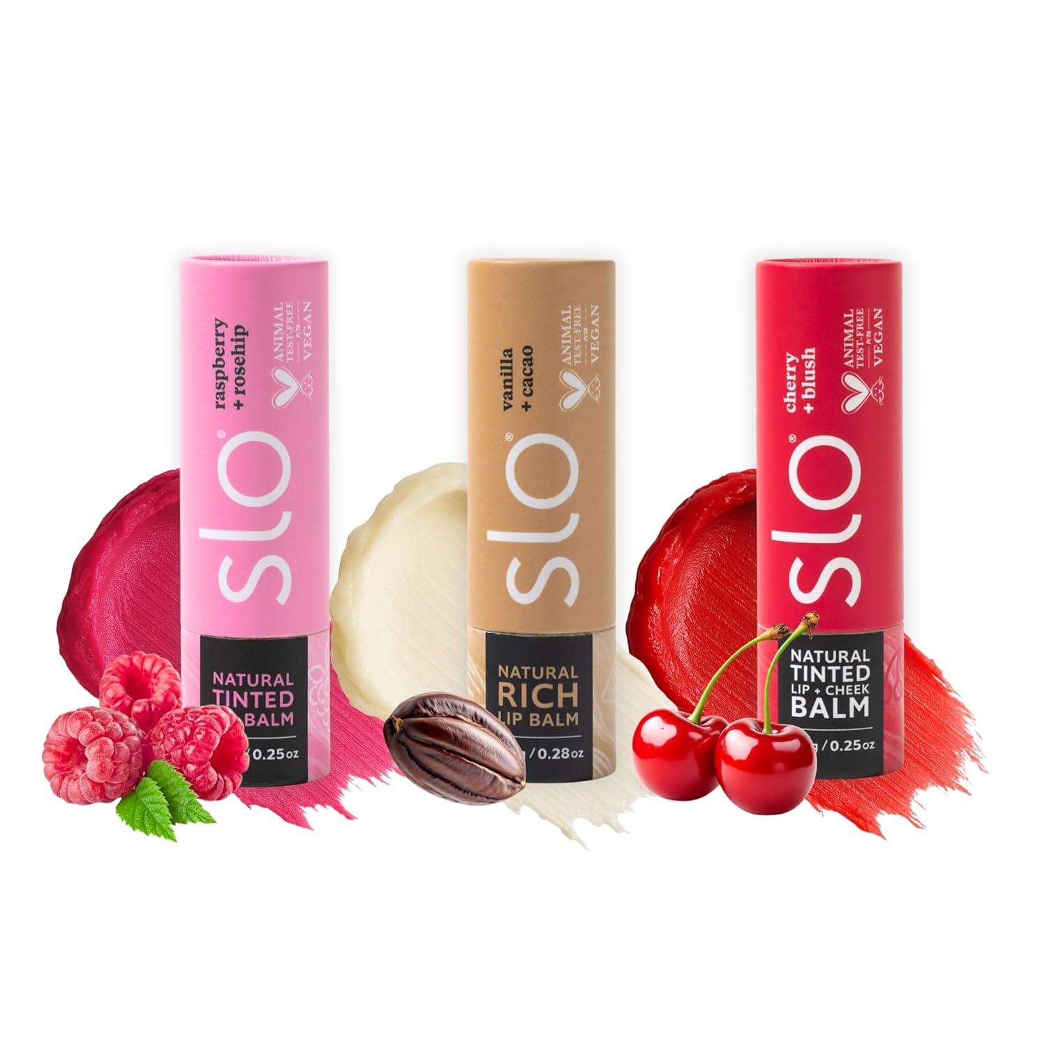 Slo | Natural Lip Balm - All Natural Ingredients, Vegan & Cruelty Free, Hydrating & Soothing, Plastic Free | Raspberry + Rosehip & Cherry + Blush & Vanilla + Cacao | 3 Pack (3 x 0.28oz/8g)