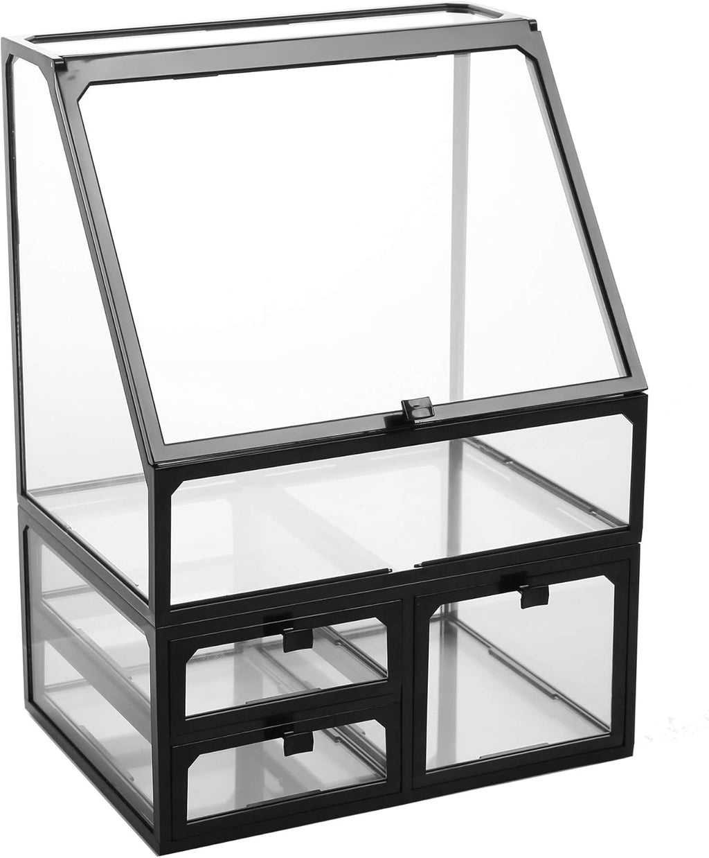 MOOCHI Black Vintage Glass Cosmetic Makeup Organizer 3 Drawers Set Dust Waterproof Cosmetics Storage Display Case Countertop for Brushes Lipsticks Jewelry