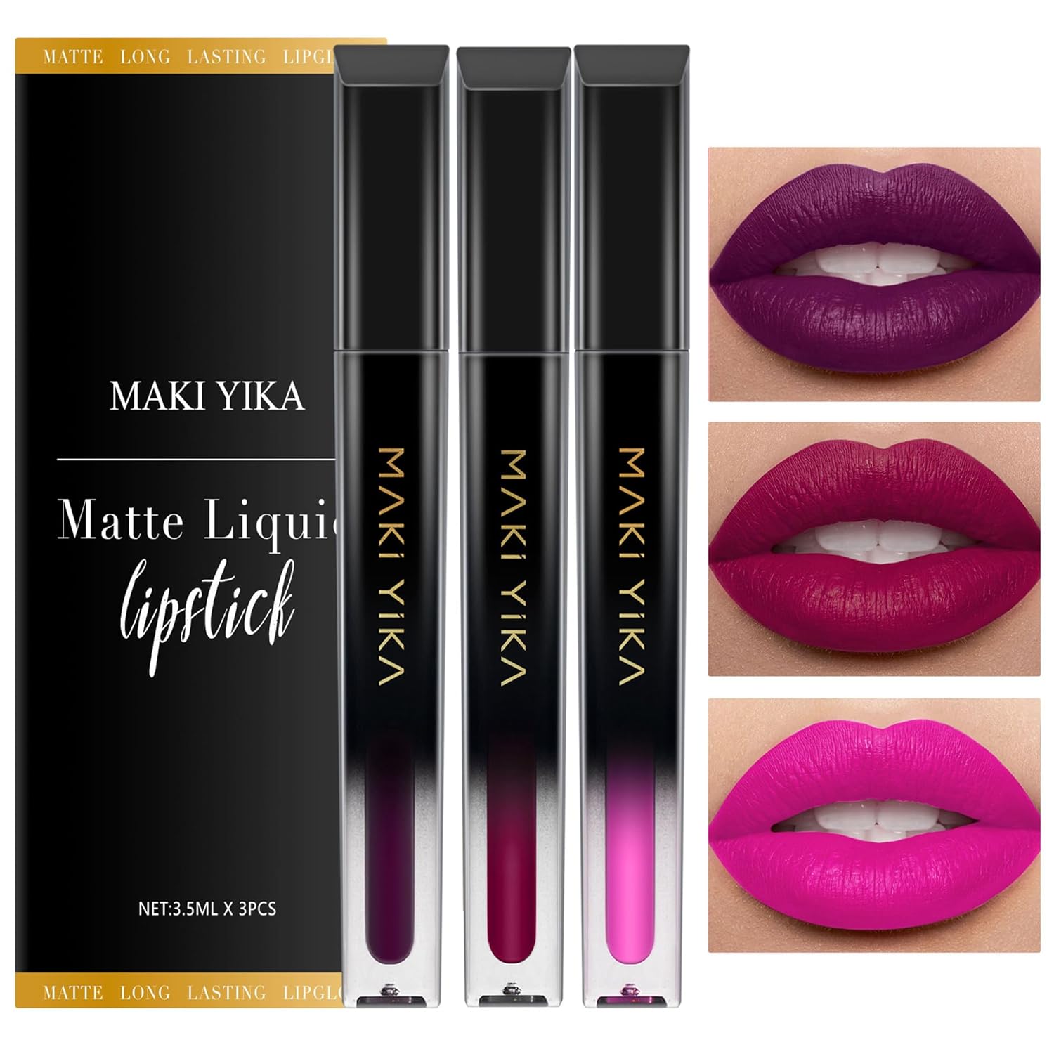 MAKI YIKA 3Pcs Matte Liquid Lipstick Set, Purple Plum Pink Lipstick Long Lasting Smudge Proof Non Transfer Lip Makeup (Purple+Plum+Pink)