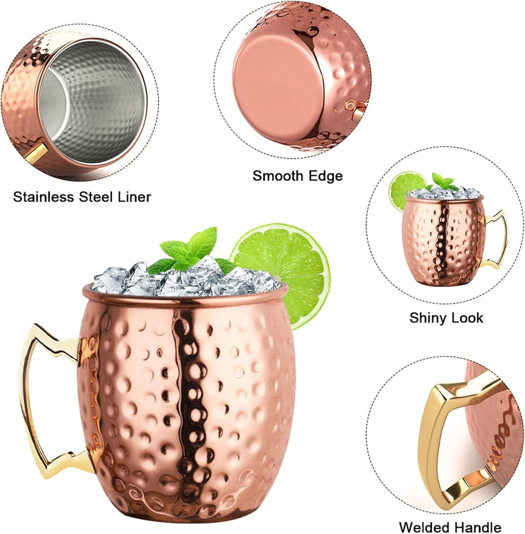 LIVEHITOP Moscow Mule Copper Mugs Set of 2, 19.5 Oz Handcrafted Copper Cups Stainless Steel Lining with Jigger, Straws, Brush, Coasters for Party, Bar, Gift