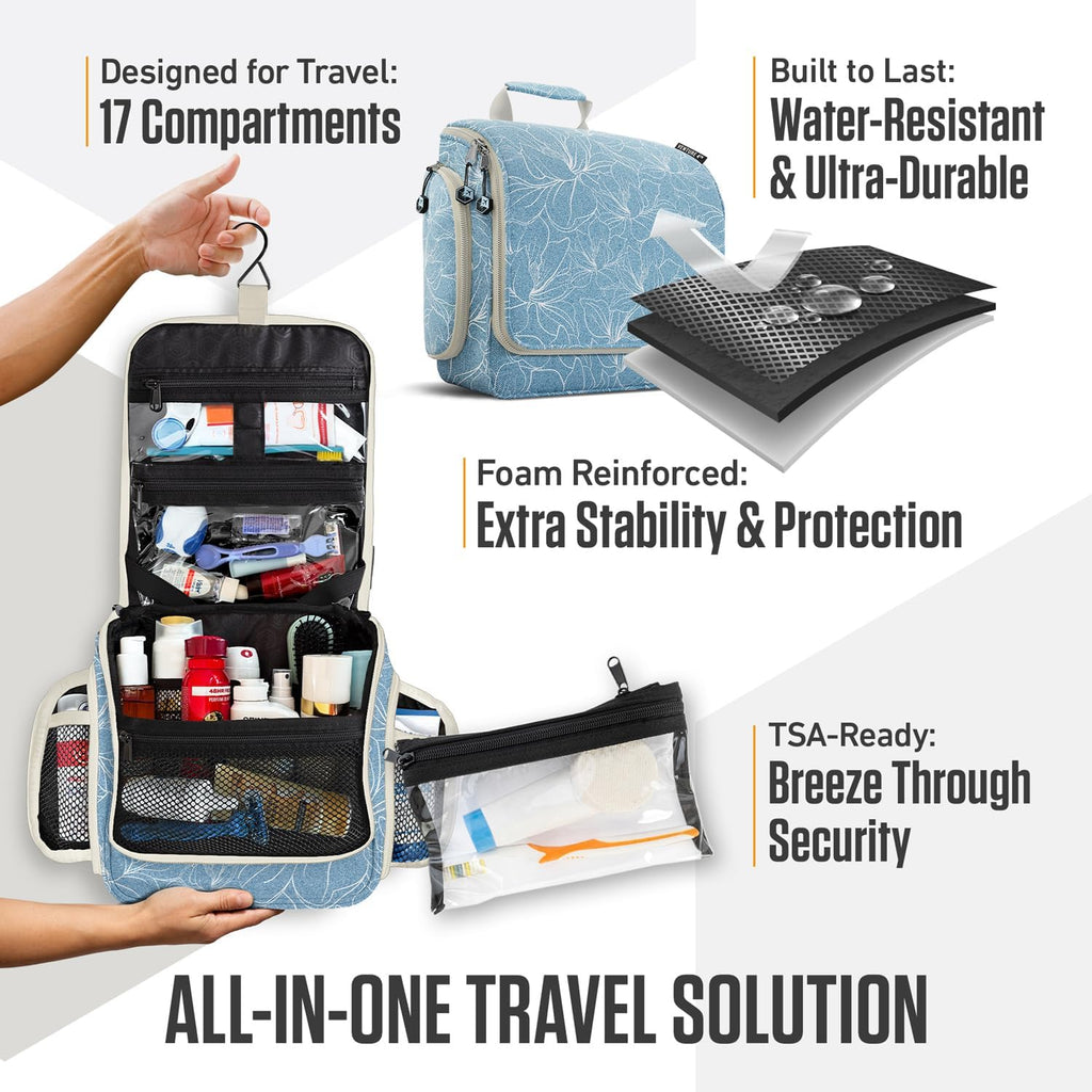 VENTURE 4TH Hanging Travel Toiletry Bag for Women & Men - Travel Organizer with Expandable Compartments & Removable Clear Pouch for Toiletries (Blue Flowers)