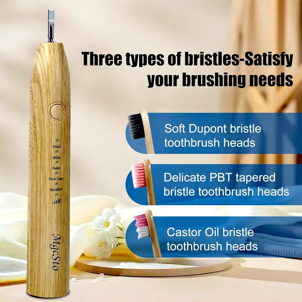Electric Bamboo Toothbrush Sonic Toothbrush - 4 Replaceable Bamboo Brush Heads Eco-Friendly IPX7 Waterproof Electric Toothbrush, One-Button Switch Five-Mode Brushing