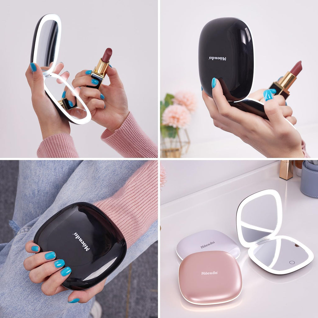 Mocado Compact LED Magnifying Travel Makeup-Mirror - 4 inches 1X/10X Magnification Small Hand Pocket Dimmable Double Sided USB Rechargeable Touch Screen, Portable Tabletop Cosmetic (Black)