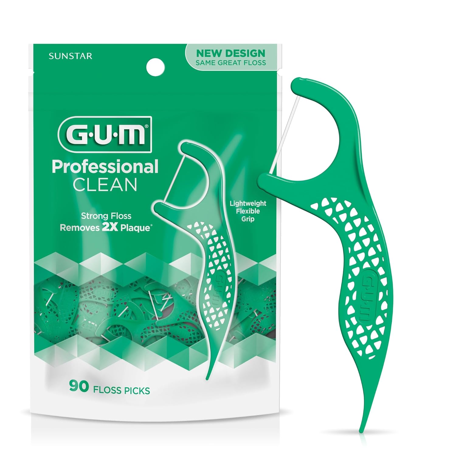 GUM Professional Clean Floss Picks - Extra Strong Shred-Resistant Floss, Easy Grip Handle - Dental Flossers for Adults - Fresh Mint Flavor, 90 Count
