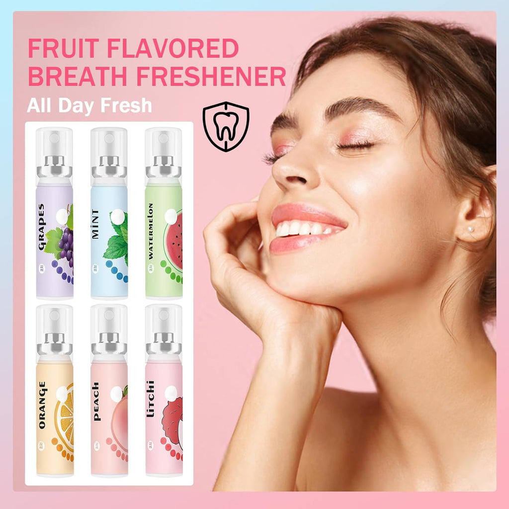 6PCS Fresh Breath Spray,Fruity Flavour Mouth Spray Freshener Spray Set,Peaches,Oranges,Watermelon,Grapes,Lychee,Mint Spray for Mouth,Oral Spray for Adults