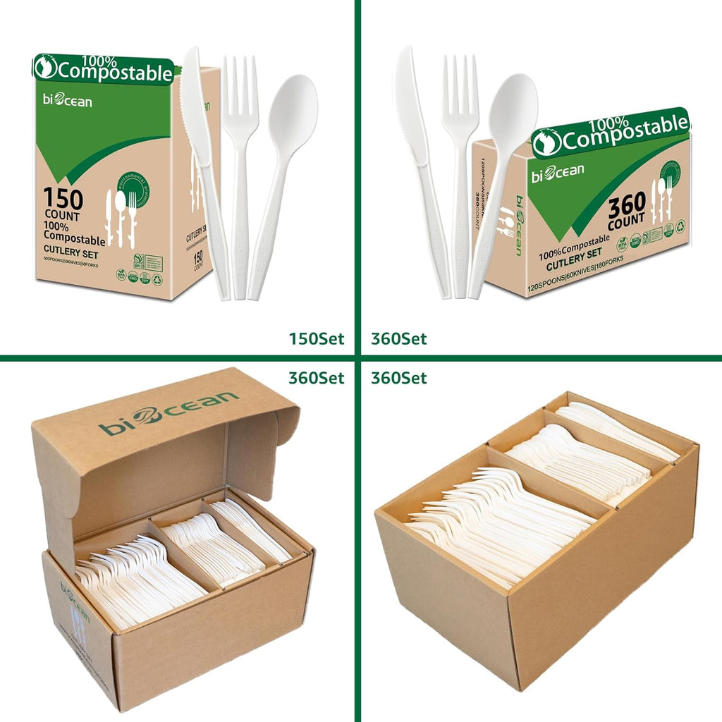 100% Compostable No Plastic Knives Forks Spoons Utensils, Heavyweight Heavy Duty Eco Friendly Flatware for Lounge Party Wedding BBQ Picnic Camping