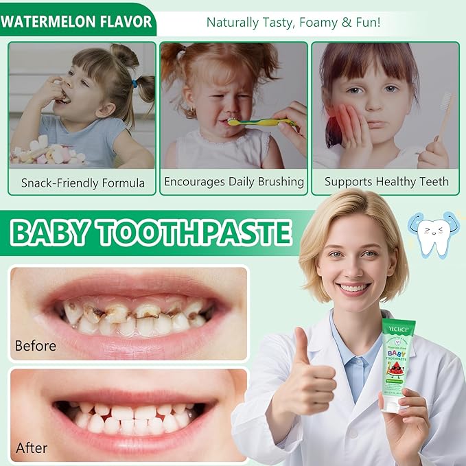 Kids Toothpaste Watermelon Flavor, Swallowable Toothpaste with xylitol and Vitamin E, Fights Plaque, Designed for Children, 2.1OZ