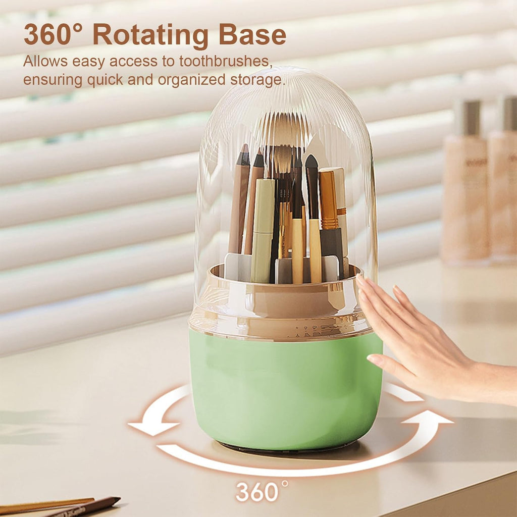 360° Rotating Toothbrush Holder with Cover, 7-Slot Bathroom Organizer for Electric Toothbrush, Toothpaste, Razors, Draining Water, Countertop Vanity Storage