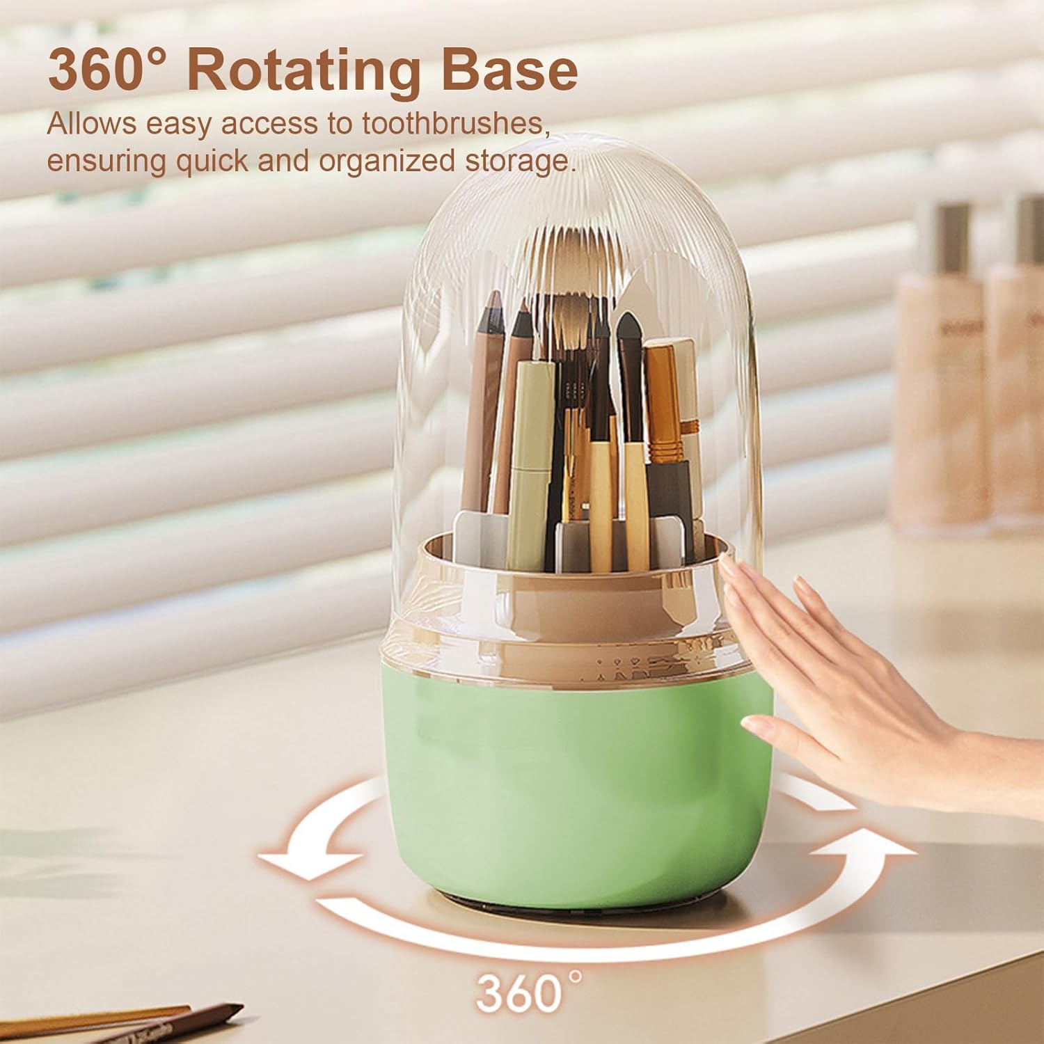 360° Rotating Toothbrush Holder with Cover, 7-Slot Bathroom Organizer for Electric Toothbrush, Toothpaste, Razors, Draining Water, Countertop Vanity Storage