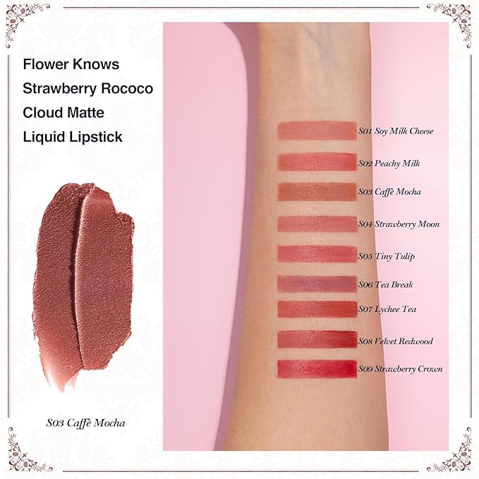 Flower Knows Strawberry Rococo Cloud Lip Cream,Long Lasting Warm Brown Nude Matte Lipstick,Hydrating Lip Stain,Transfer& Smudge Proof Velvet Liquid Lipstick for Girls&Women,0.12 Fl Oz(S03 Caffe Mocha)