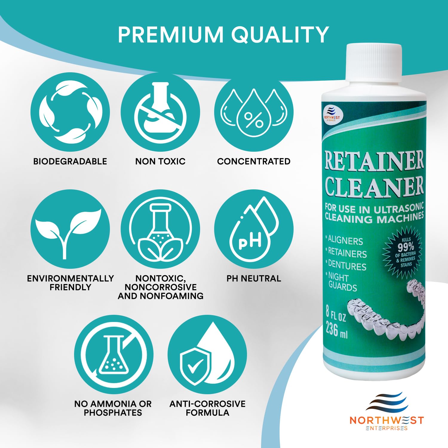 Ultrasonic Retainer Cleaner Solution Concentrate - Ultrasonic Denture Cleaner for Ultrasonic Machines - Cleans Mouthguards, Invisalign, and Nightguards - Updated Formula (Mint) (8 Ounces)