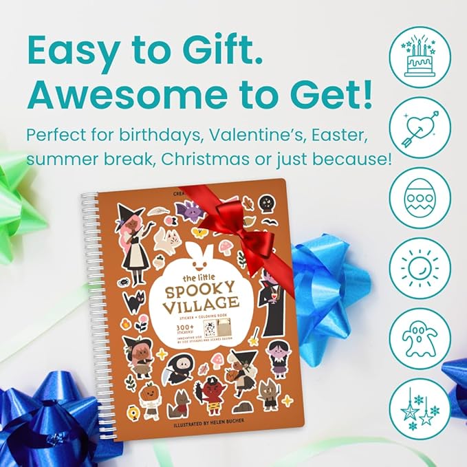 Spooky Village Halloween Stickers for Kids by Cupkin, Toddler Sticker Book, Toys Activity Book, Toddler Travel Essentials, 300+ Halloween Stickers + 8 Sticker Scenes and Coloring Pages