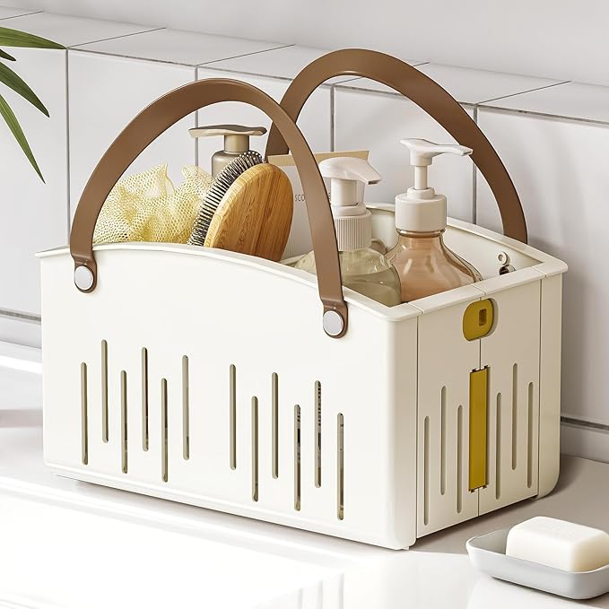 Delamu Portable Shower Basket Caddy with Double Handle Foldable Dry Wet Separation Design 11.0 × 7.1 × 6.5in, Travel, Camping, Gym, College Bathroom Tote, White, Ideal Christmas Gifts for Girls