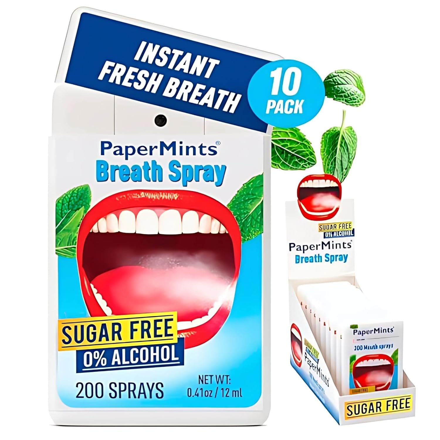 PaperMints Breath Spray for Bad Breath – Sugar-Free, Instant Freshness, 200 Mouth Sprays, Mint Flavor, Pack of 10