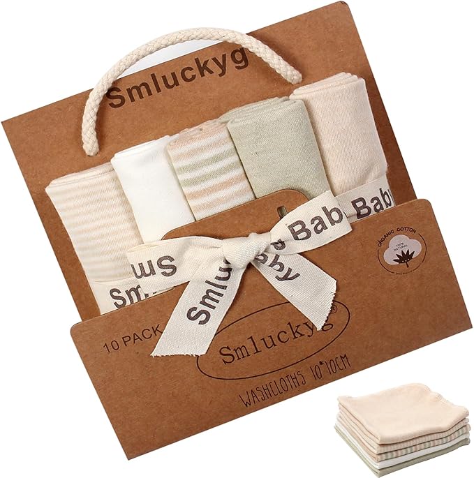 10-Pack Organic Baby Washcloths - Ultra Soft Organic Cotton Reusable Towels, Gentle for Newborn Sensitive Skin, Perfect for Baby Towels, Feeding & Travel Care (Multicolor)