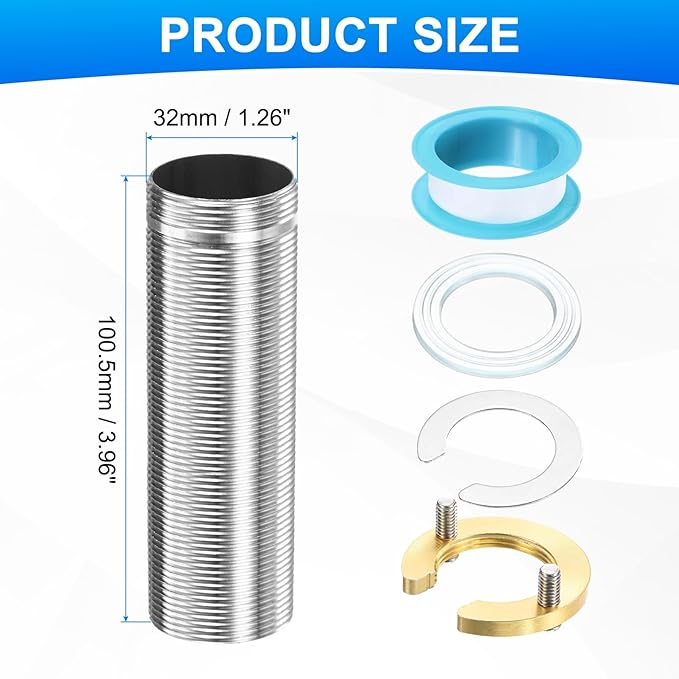 uxcell Faucet Mount Extension Shank 4"x 1.25" Stainless Steel Pipe Faucet Extension Nipple Locknut Kit with Stainless Steel Thick Anti-Loose Nut and Gasket Fittings for Basin