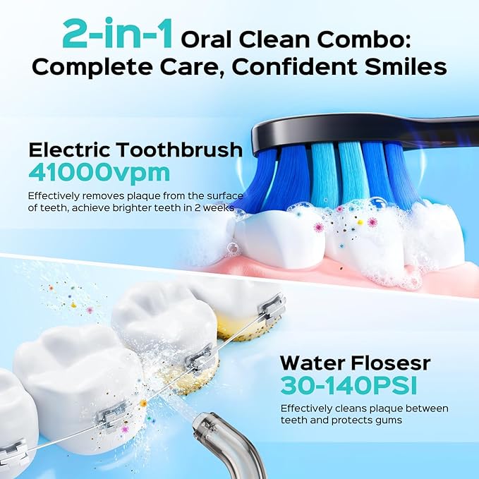 COSLUS Electric Toothbrush with Water Flosser Combo: Portable Oral Clean Kit for Teeth Brushing & Flossing, Multiple Modes for Multiple Users, Cordless for Home & Travel Use, Black, C51C30