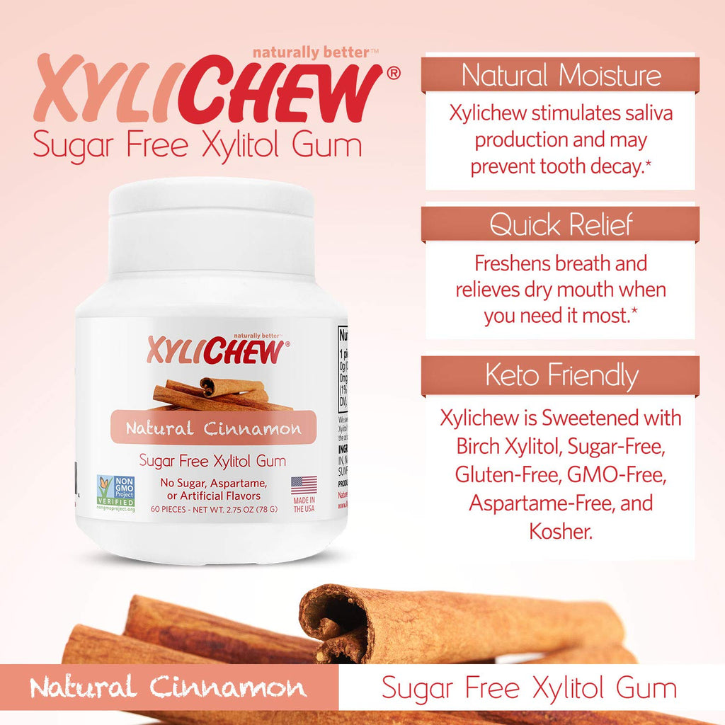 Xylichew 100% Xylitol Chewing Gum - Non GMO, Non Aspartame, Gluten Free, and Sugar Free Gum - Natural Oral Care, Relieves Bad Breath and Dry Mouth - Cinnamon, 60 Count