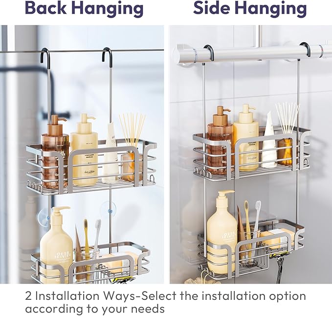 SWTYMIKI Shower Caddy Hanging Organizer - Over the Door Shower Caddy with Soap Holder, 11 Hooks, 2 Installation Ways, Stainless Steel Rustproof Bathroom Organizer, Sand Nickel