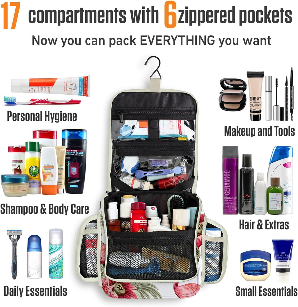 VENTURE 4TH Hanging Travel Toiletry Bag for Women & Men - Travel Organizer with Expandable Compartments & Removable Clear Pouch for Toiletries (Pink Flamingo)
